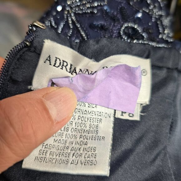 Vintage Adrianna Papell Navy Blue Silk Beaded Long Formal Ball Gown Prom Dress - Picture 10 of 11